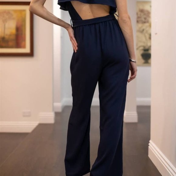 Navy Collar Self-Tie Belted Cut-Out Back Wide Leg Jumpsuit - Picture 3 of 6